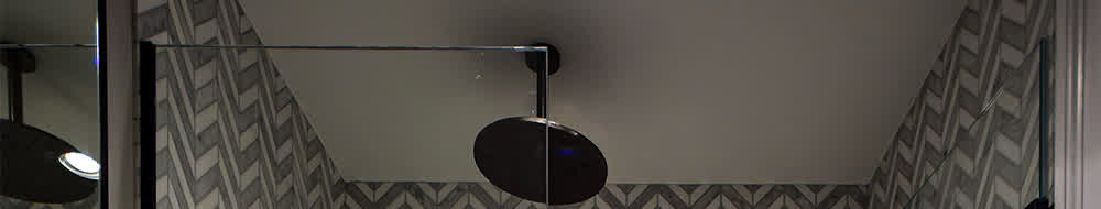 black shower head behind glass screen