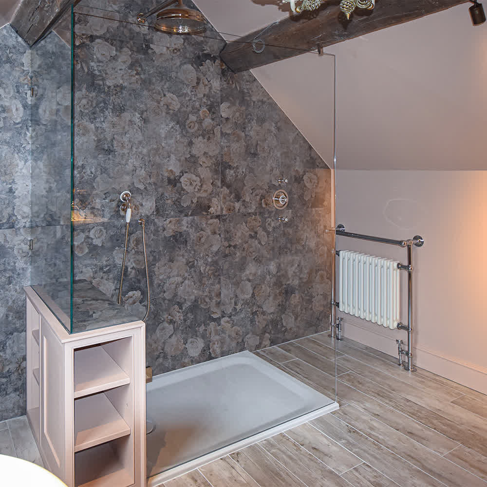 frameless shower screen in an L-shape